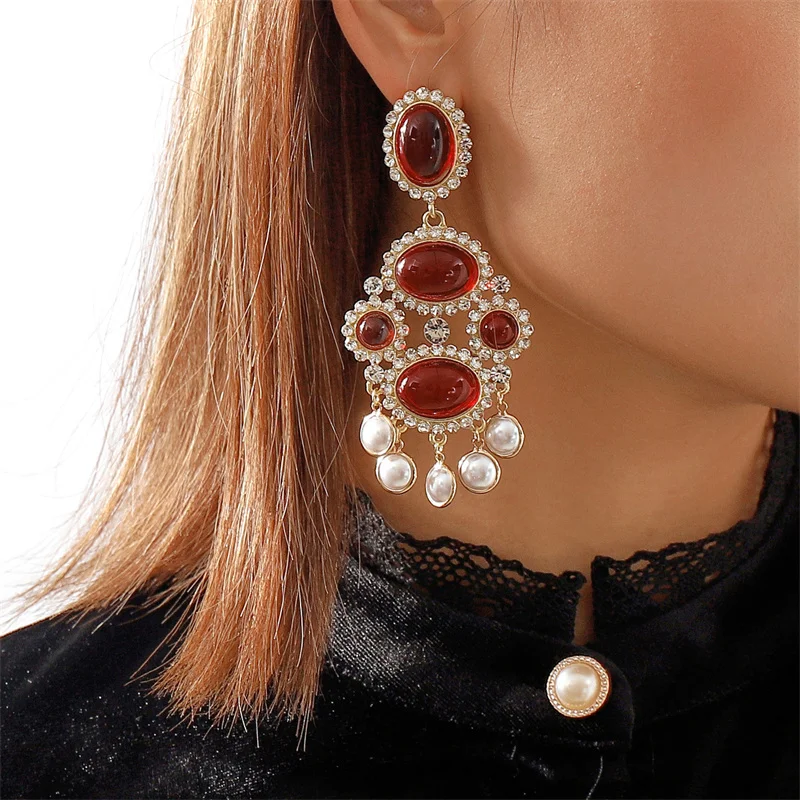 Red Casual Daily Party Geometric Patchwork Rhinestone Earrings | EGEMISS