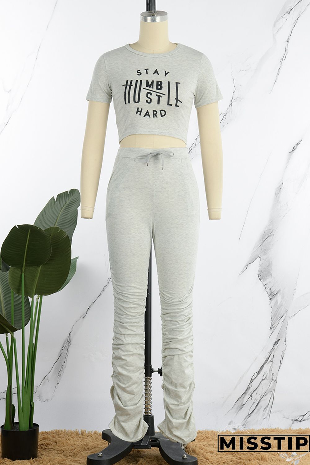 Cream White Casual Print Fold Pants O Neck Short Sleeve Two Pieces