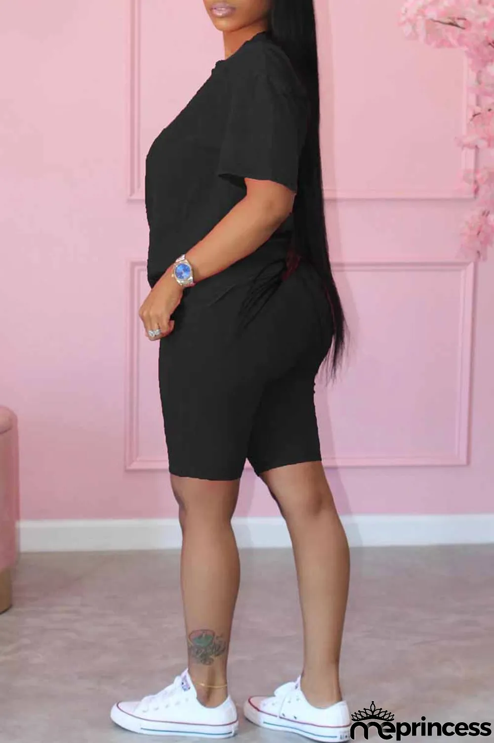 Purple Casual Print Letter O Neck Short Sleeve Two Pieces