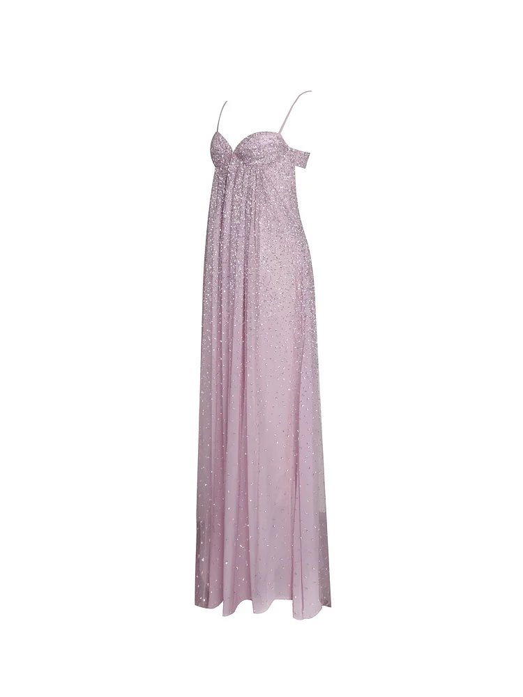 Wallie Baby Blue Rhinestone Embellished Mesh Backless Gown