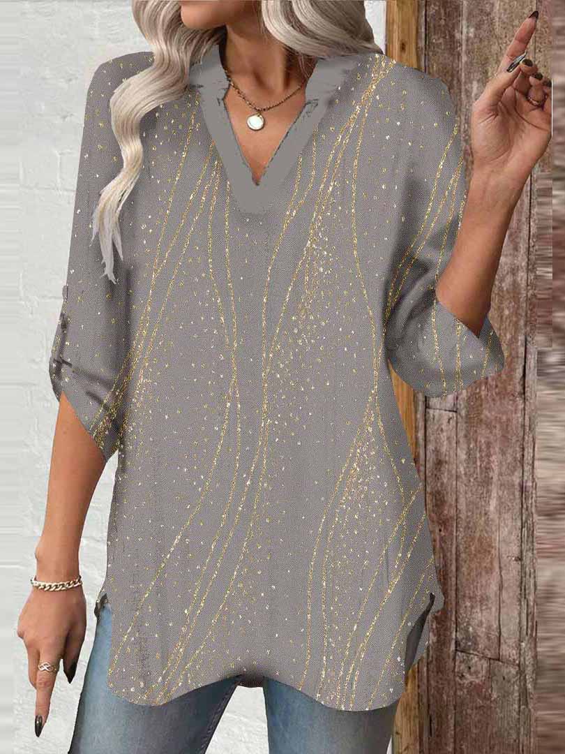 Women Abstract, Gold, Gray DZGA0653 3/4 Sleeve V-neck Printed Graphic Button Tops