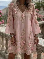 Women's Vintage Pink Rose Embroidery Art V Neck Linen Blend Midi Dress