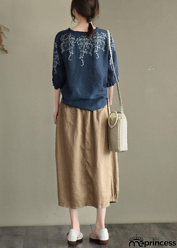 Handmade Navy lantern Sleeve O-Neck Embroidered Summer Ramie Blouses