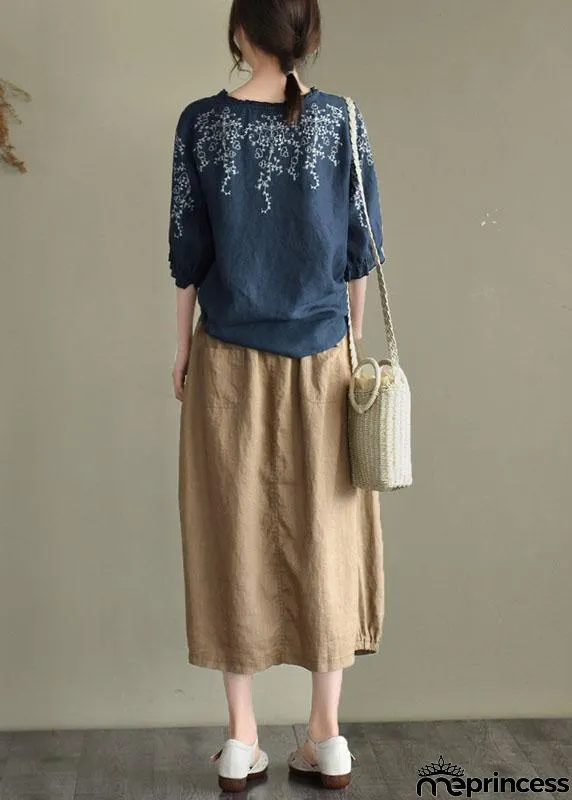 Handmade Navy lantern Sleeve O-Neck Embroidered Summer Ramie Blouses