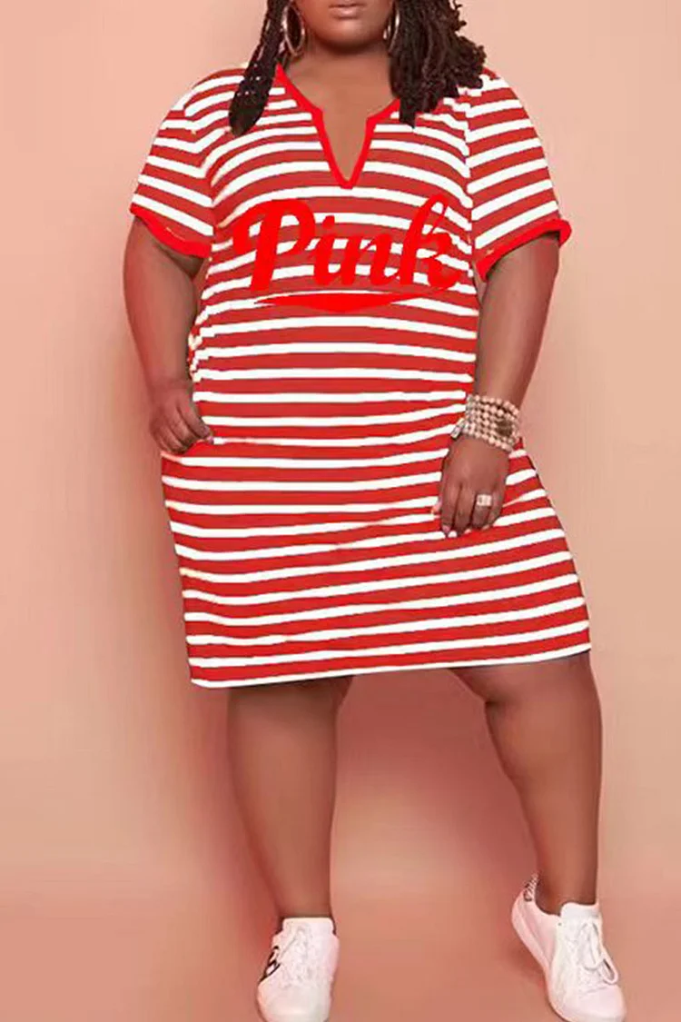 Red Casual Striped Print Patchwork V Neck Straight Plus Size Dresses