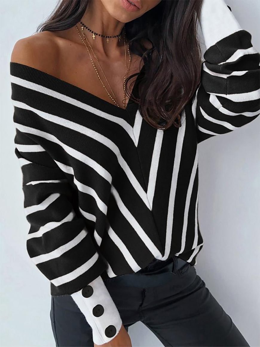 Women's Off-The-Shoulder Striped V-Neck Long Sleeve Sweaters