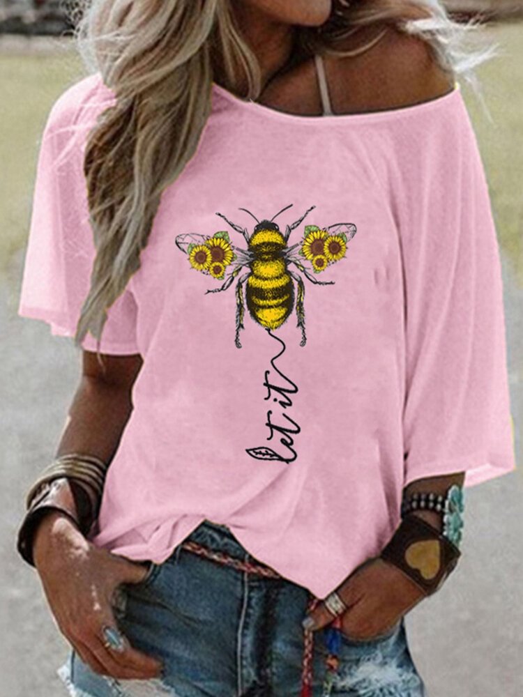 Flower Bee Letter Print Short Sleeve T-shirt For Women - Shop Trendy Women's Fashion | TeeYours