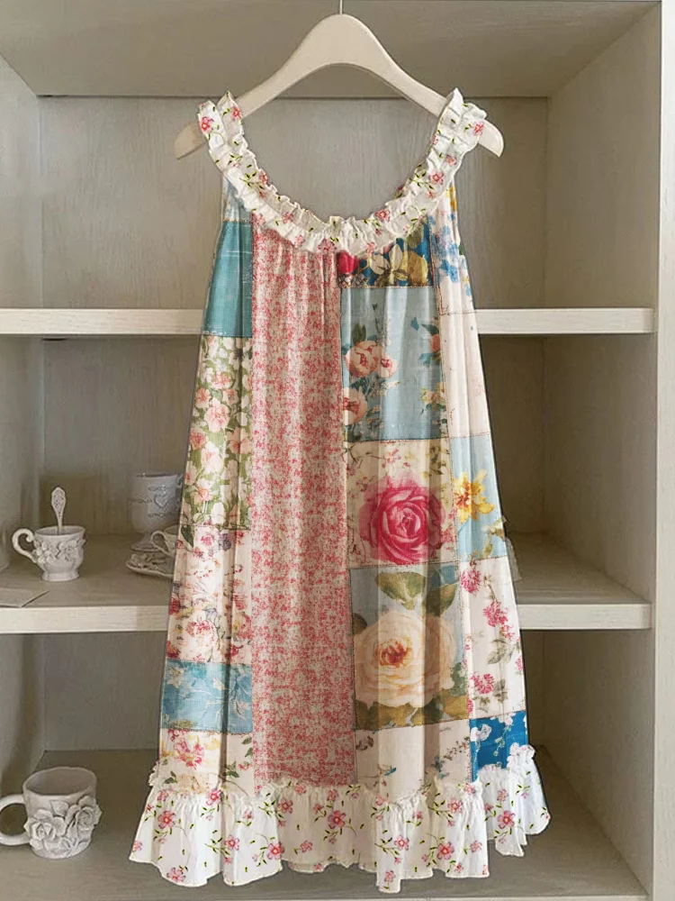 Vintage Floral Patchwork Ruffle Trim Linen Dress