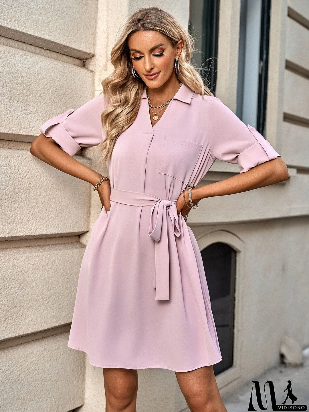 MidiSono - Johnny Collar Tie Belt Dress