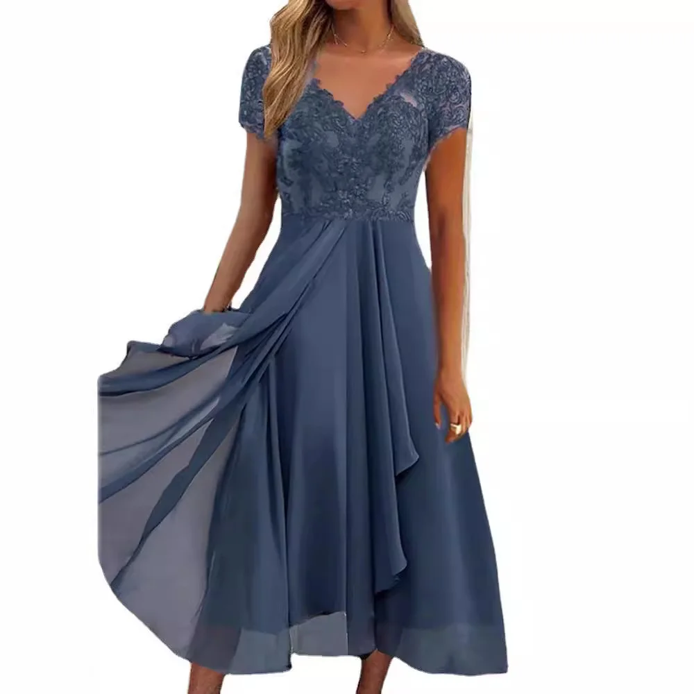 Uveng Uveng Station Dress Female Chiffon Stitching V-Neck Lace Dress Bridesmaid Evening Dress Even