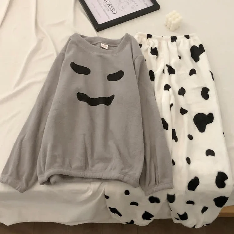 Girlfriend Boyfriend Cartoon Emoji Bear Stripe Print Plush Pajamas Set - Modakawa modakawa