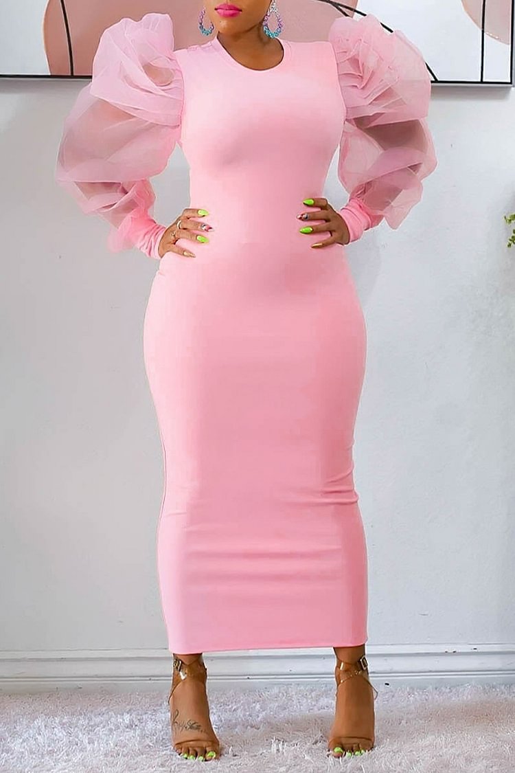 Xpluswear Plus Size Pink Daily See-Through Lantern Sleeve Tight Midi Dress