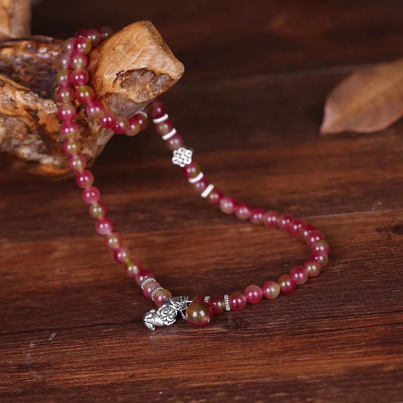 Watermelon Tourmaline PiXiu Elephant Positive Triple Wrap Mala Bracelet