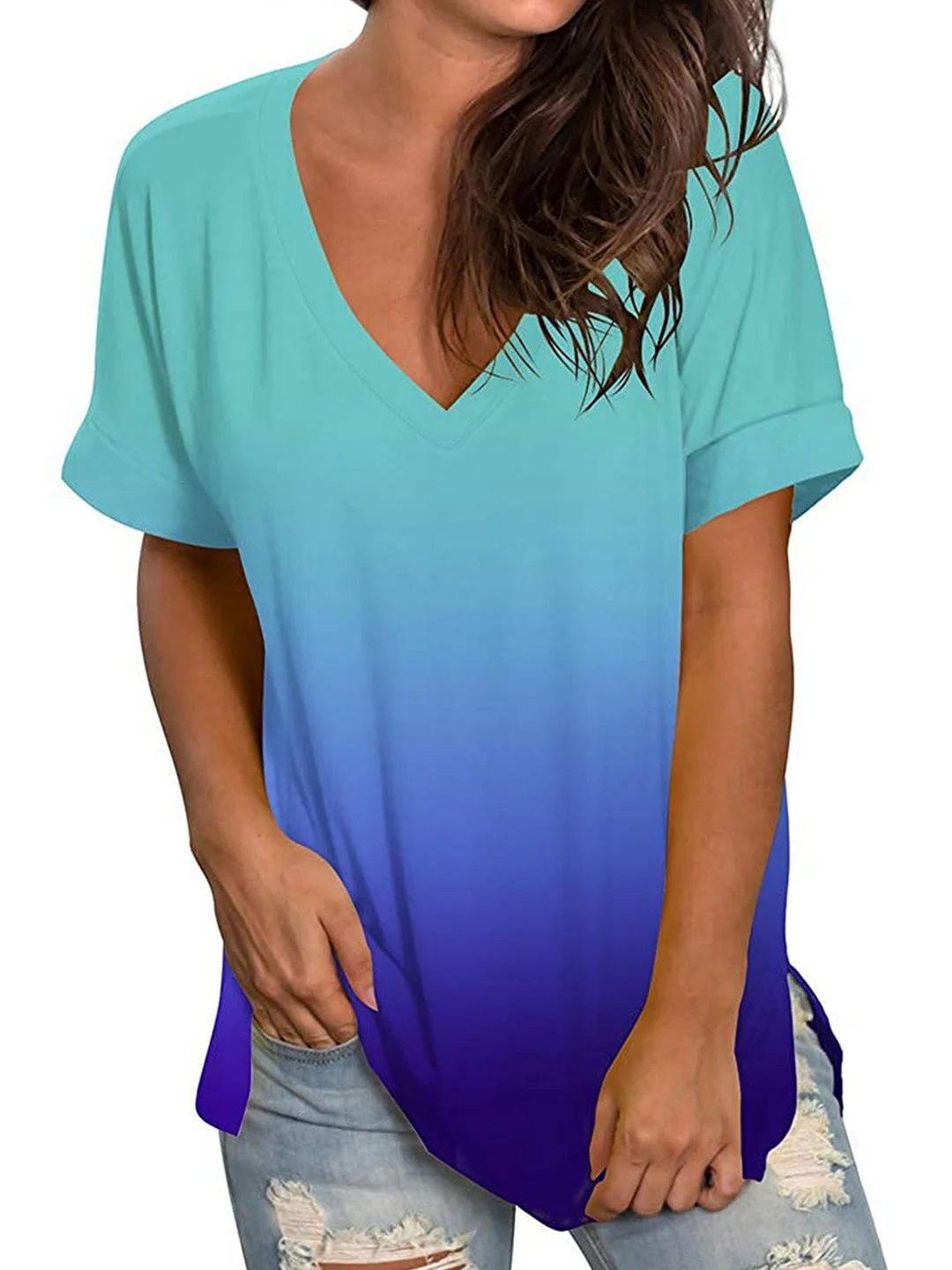 Women Short Sleeve V-neck Gradient Top