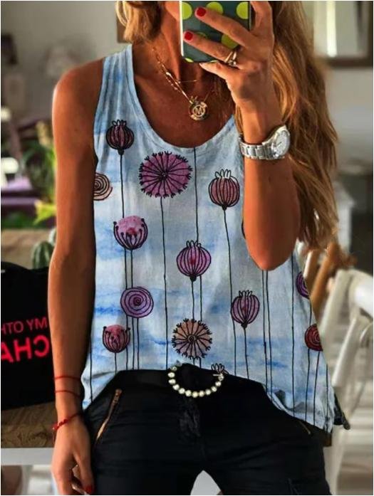 Women Sleeveless Round Neck Floral Printed Tops