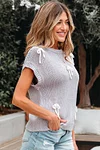 Women's Elegant Grey Bowknot Applique Cap Sleeve Crew Neck Sweater