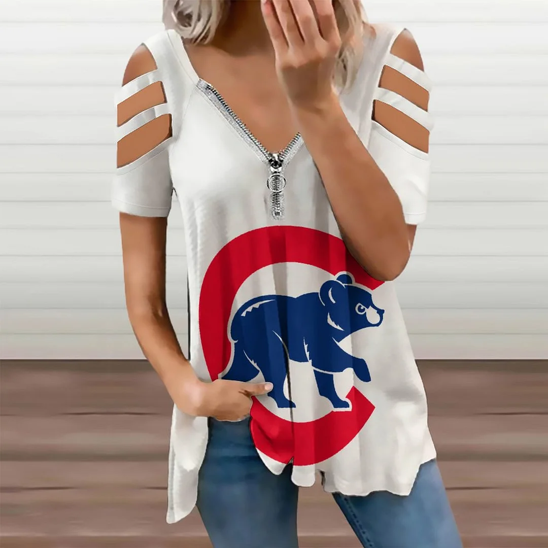 Shoulder Off V-neck Zipper Front Short Sleeve Casual T-shirt for Women Printed with Pattern,Blue,Red