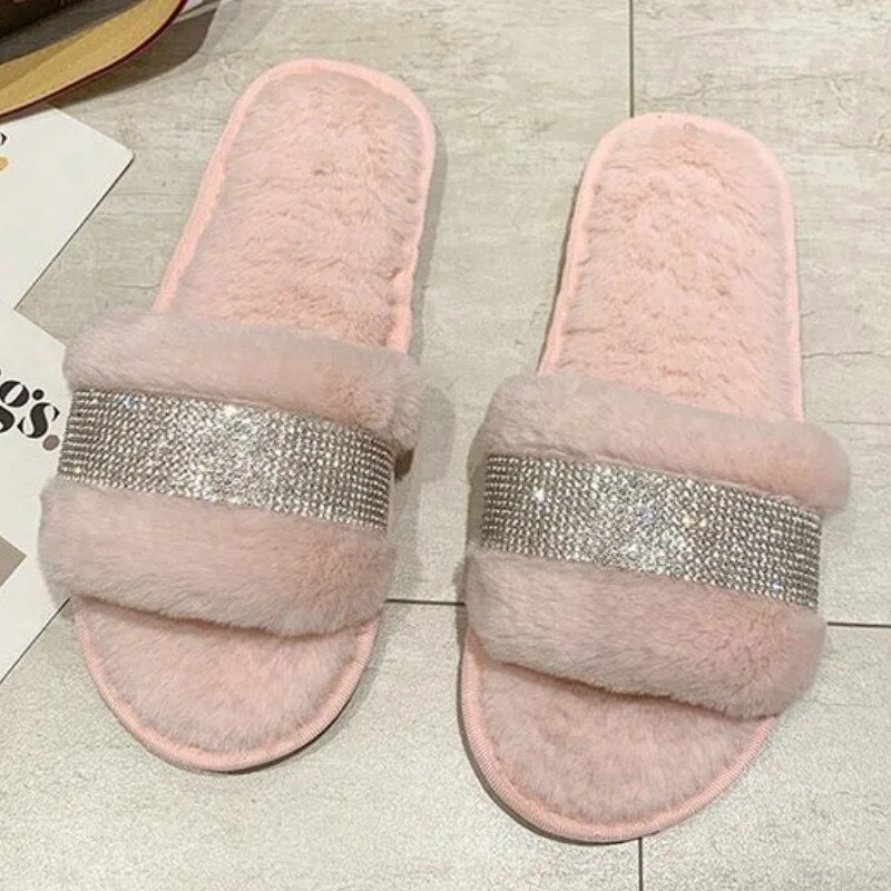 Winter Luxury Rhinestone Women Warm Fur Slippers Cozy Fluffy Furry Slides Crystal Flat Indoor Slides Design Home Shoes Ladies 43