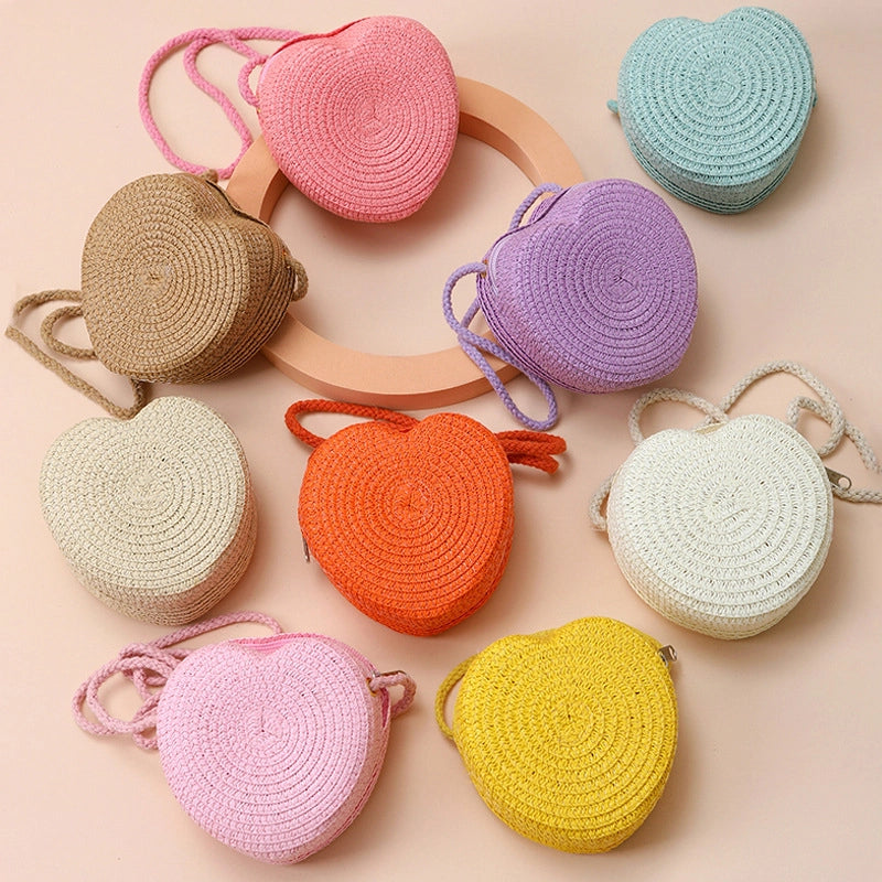 Kid'S Straw Heart Shape Cute Heart-shaped Zipper Shoulder Bag