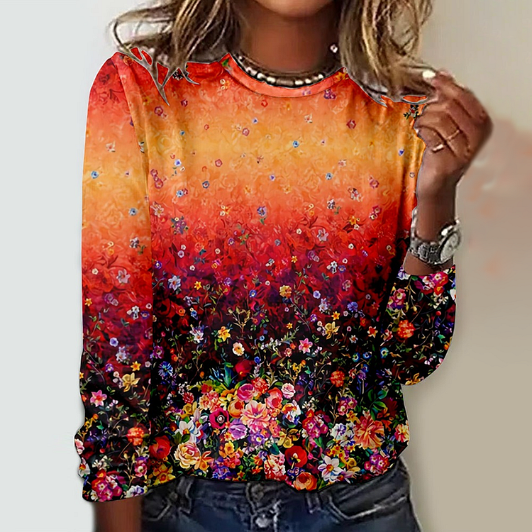 Floral Print Round Neck Long Sleeve T-Shirt