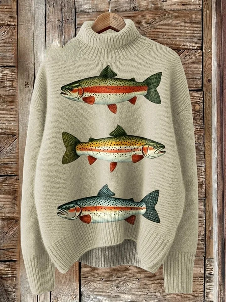 Japanese Fish Art Print Knit Turtleneck Pullover Sweater