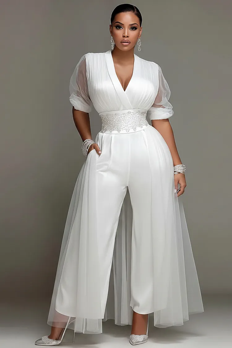Xpluswear Design Plus Size Cocktail Party Elegant Tulle White V Neck Short Sleeve With&nbsp;Skirt&nbsp;Overlay&nbsp;Pocket Satin Jumpsuits [Pre-Order] 2024 - Xpluswear
