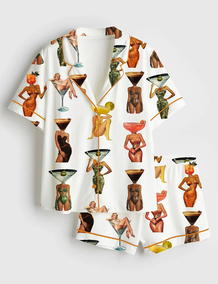 Women&rsquo;s Cocktail Espresso Martini Aesthetic Coquette Short Sleeve Satin Pajama Set
