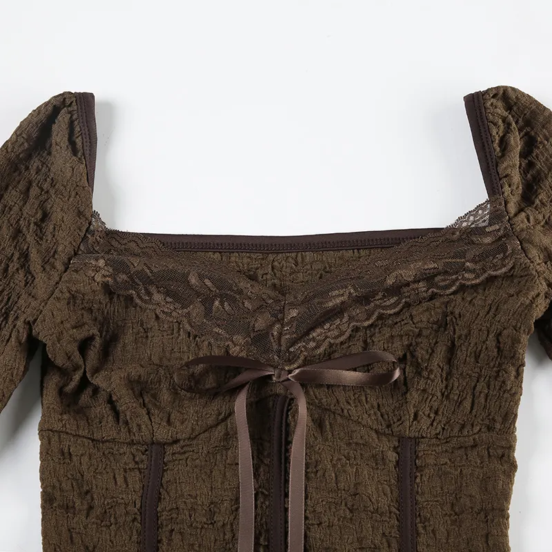 Hotsweet Lace Trim V-Neck Brown Long Sleeve Blouses Bow Lace Up Flared Sleeve Slim Chic Y2k Autumn New T-Shirt