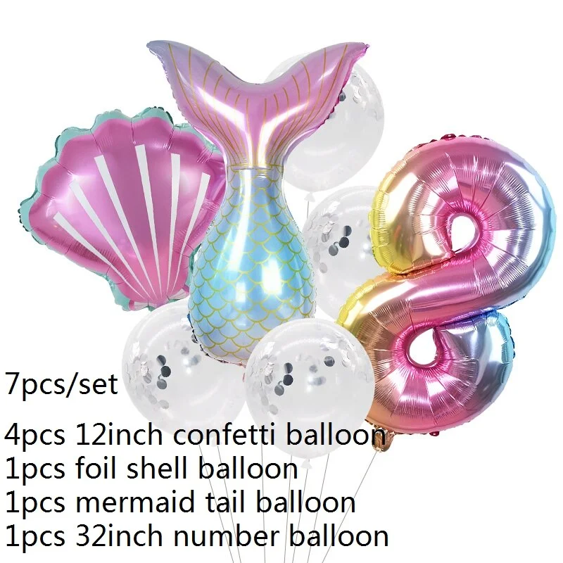 7pcs Mermaid Party Balloons 0 1 2 3 4 5 6 7 8 9 Number Foil Balloon Kids Birthday Party Decorations Baby Shower Helium Globos