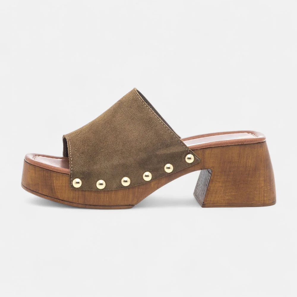 Brown Vegan Suede Open Toe Studded Block Heel Platform Slide Sandals