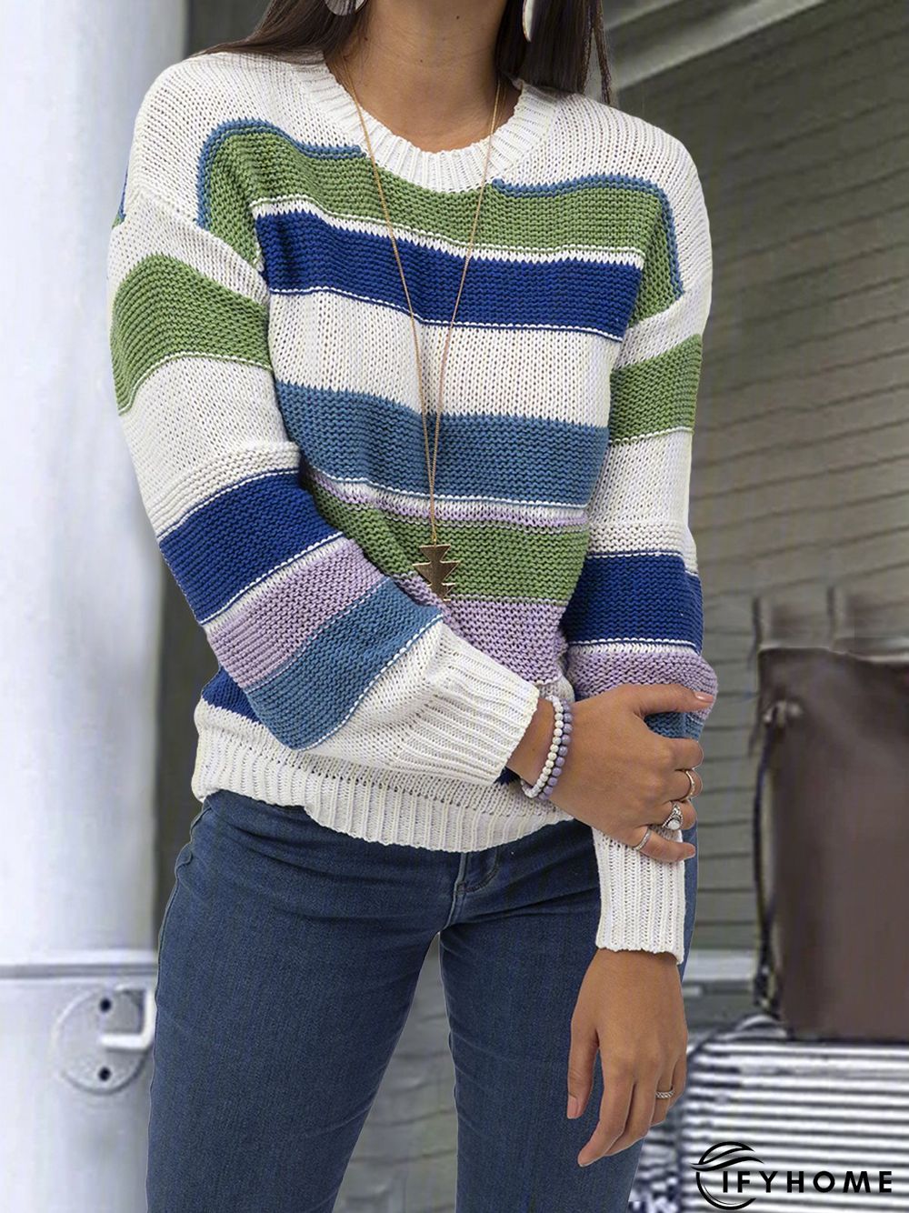 Multicolor Striped Long Sleeve Statement Sweater | IFYHOME