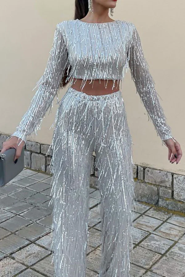 Solid Color Sequined Glittery Tassel Pant Suit