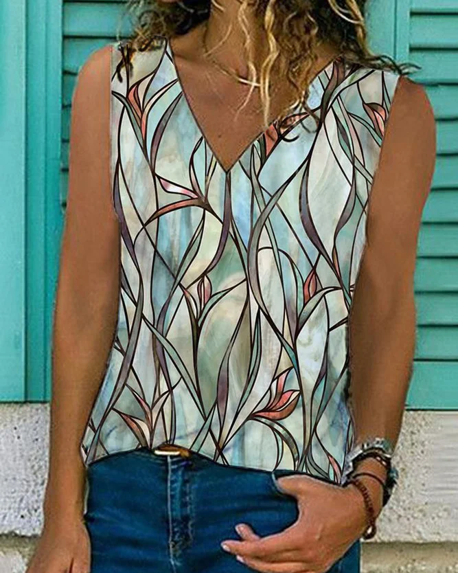 Vintage Summer V neck Cotton-blend  Geometric Printed Vest
