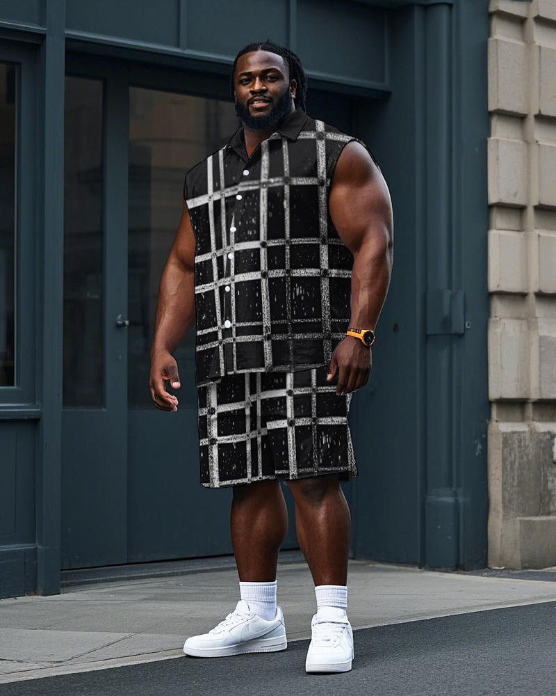 Men's Big and Tall Classic Plaid Simple Printed Sleeveless Shirt and Shorts Set
