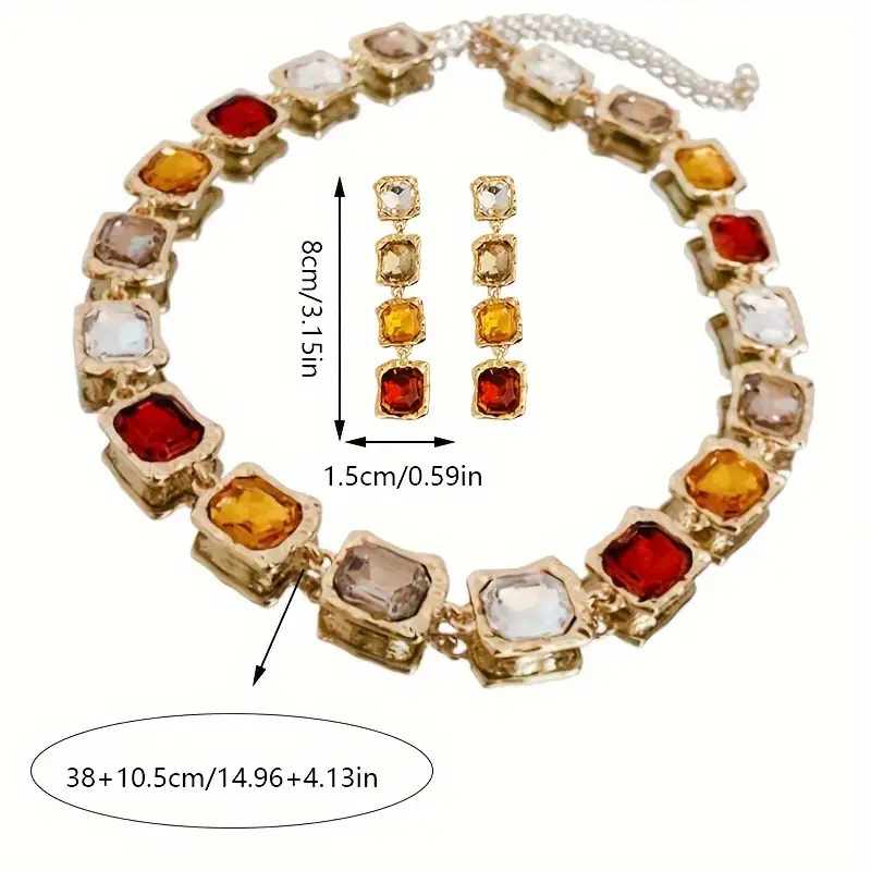 wedding banquet style jewelry set square rhinestone tassel stud earrings necklace set suitable for women details 6