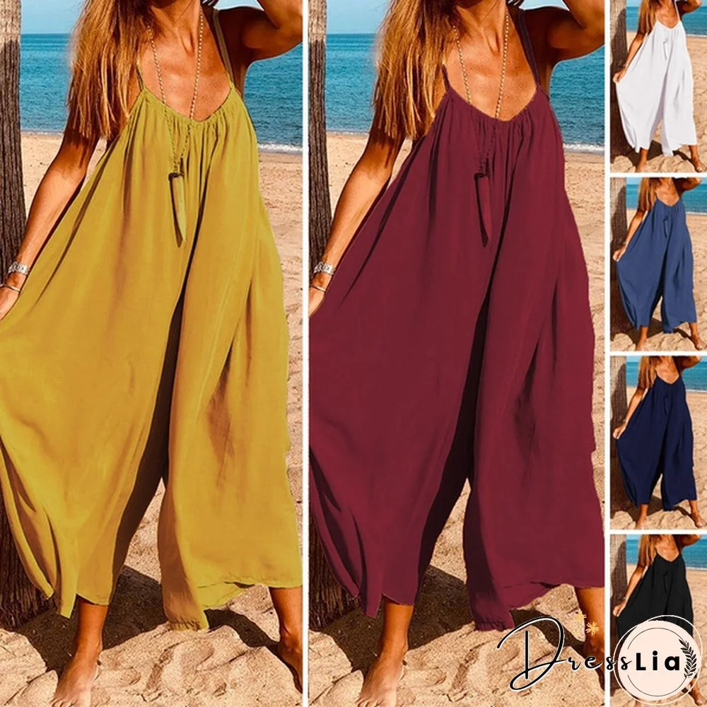 Women Spaghetti Strap Loose Jumpsuits Sleeveless Casual Rompers Wide Leg Long Pants Trousers Plus Pantalon