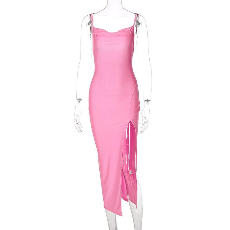 Promsstyle Low cut cowl neck side slit midi sling dress Prom Dress 2023