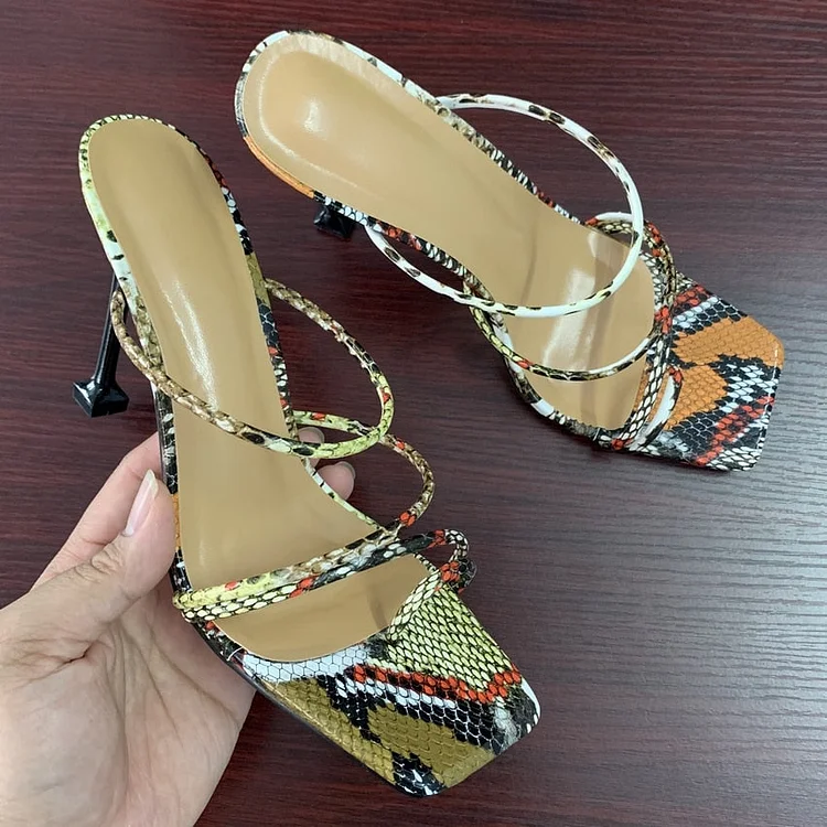 Women sandals snake print strappy mule heels sandals slippers women high heels flip flops square toe slides party shoes woman QueenFunky