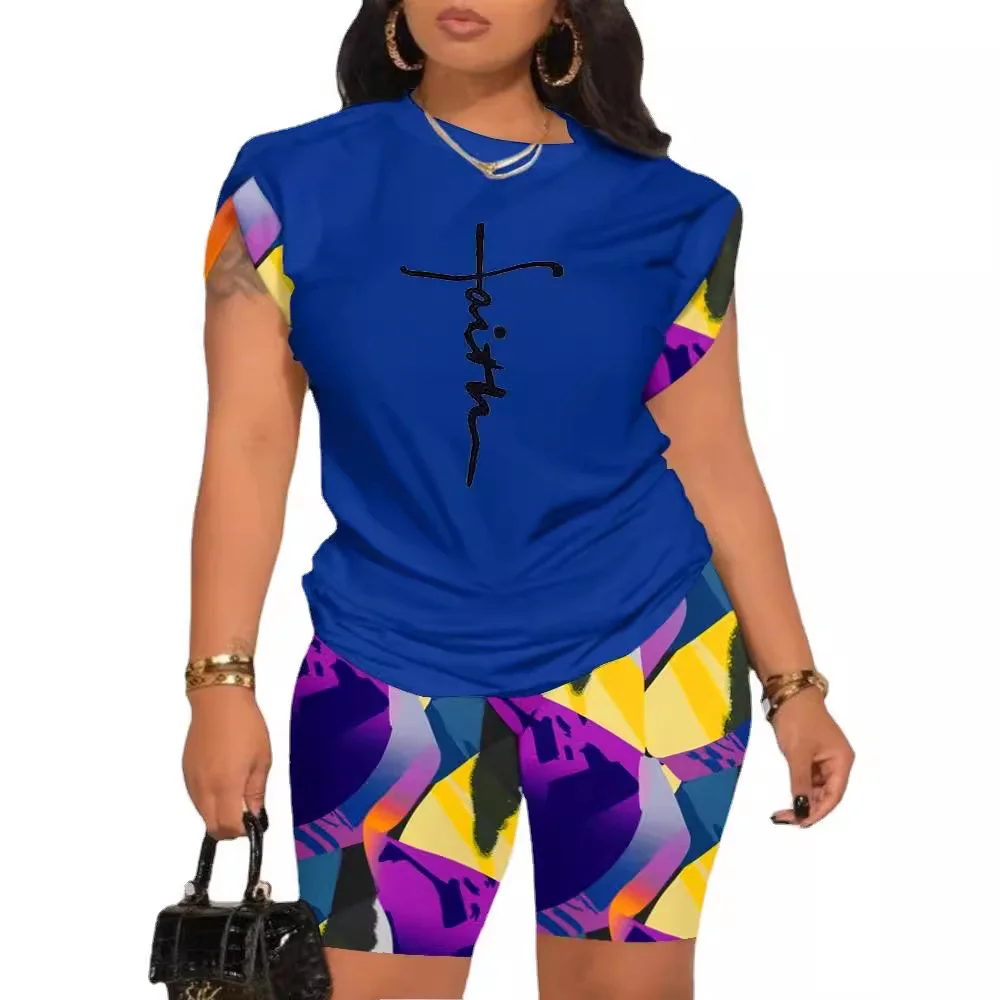 Uveng Uveng Summer New Women's Temperament Digital Printing Round-Neck Short-Sleeved Set