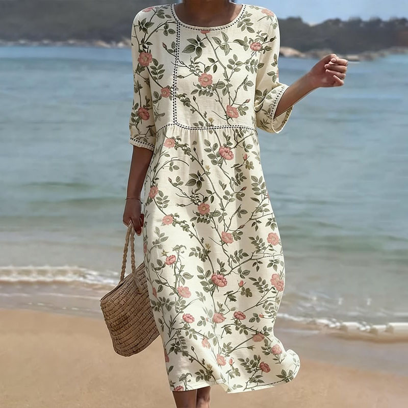 Comstylish Women's Floral Art Print Linen Blend Casual Dress