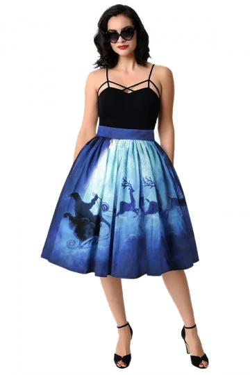 Womens Christmas Sleigh And Reindeer Printed Pleated Skirt Navy Blue-elleschic