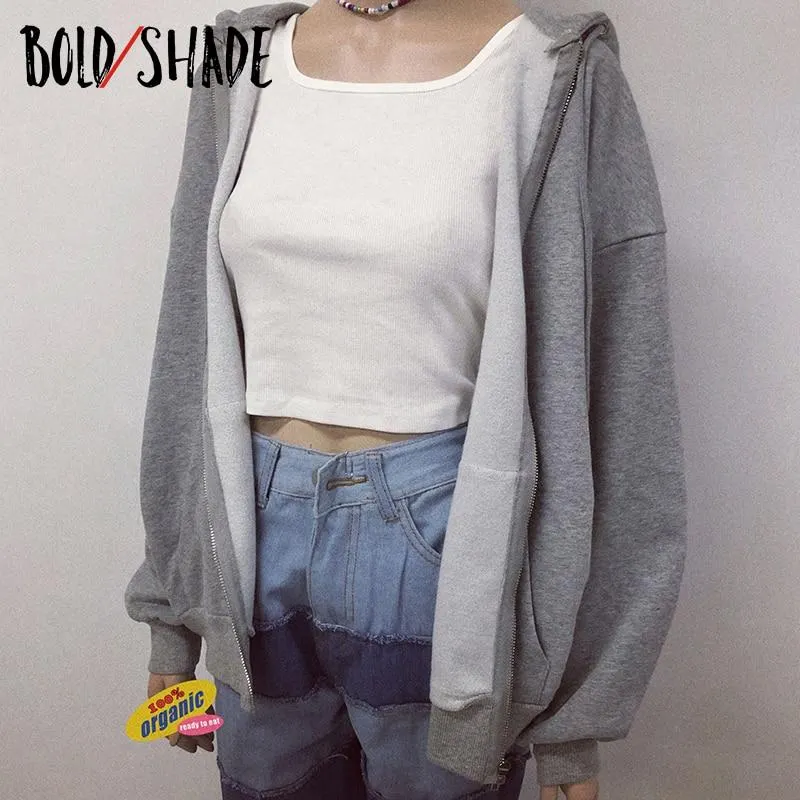 Bold Shade Indie 90s Streetwear Fashion Hoodies Y2k Women Grunge Solid Sweatshirts Long Sleeve Pockets Zipper Hoody Outwear 2020