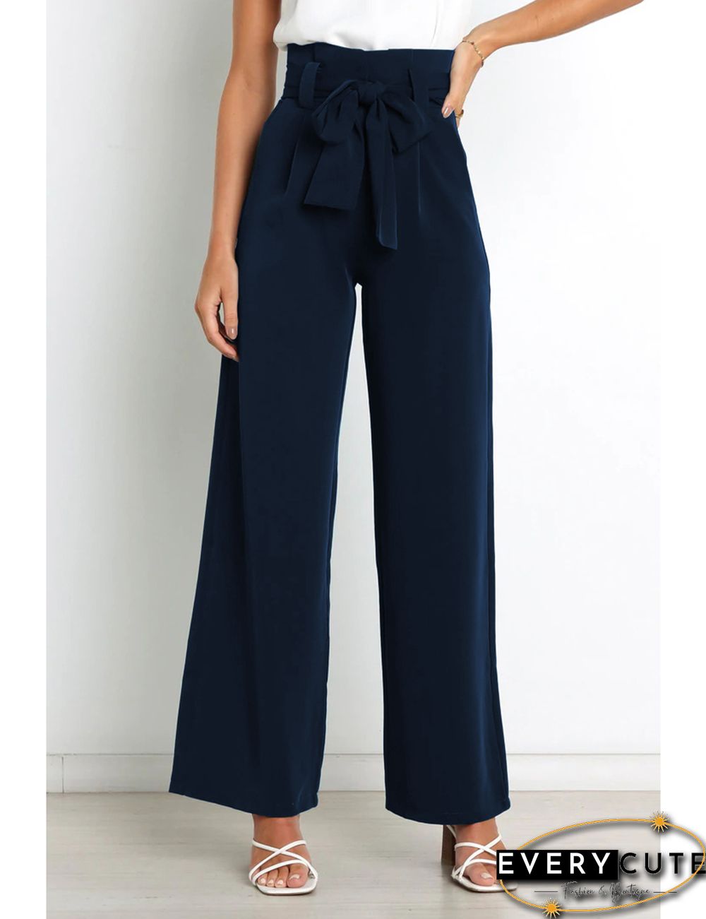 Navy Blue Wide Leg High Waist Pocket Pants with Belt