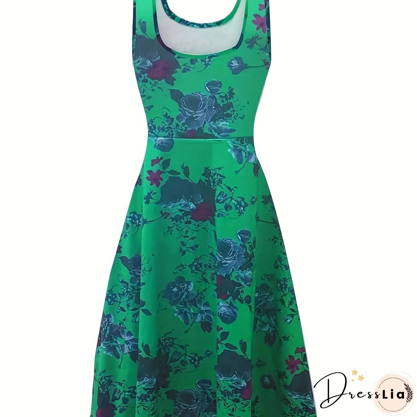 Plus Size Elegant Dress, Women's Plus Floral Print Round Neck Medium Stretch Tank Dress