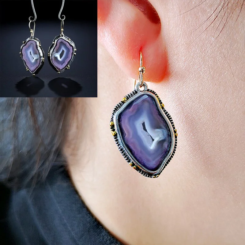 Fashion and Popular Retro Imitation Amethyst Agate Pendant Earrings European and American Color Separation Party Jewelry