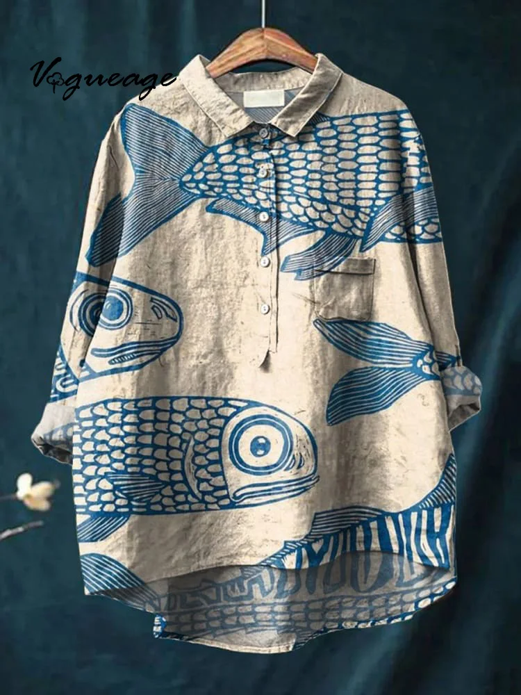 Simple Line Fish Print Cotton And Linen Shirt