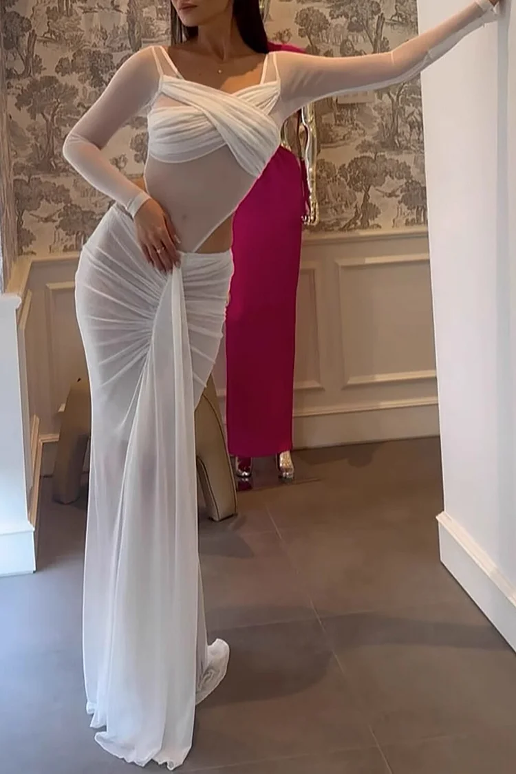 See Through Mesh Long Sleeve Cutout Bodysuit Ruched Maxi Skirt 2pcs Set-Pink