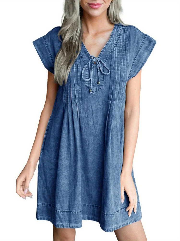 Women's Denim Dress Casual Summer Cap Sleeve Lace-Up V-Neck Loose Babydoll Denim Dress