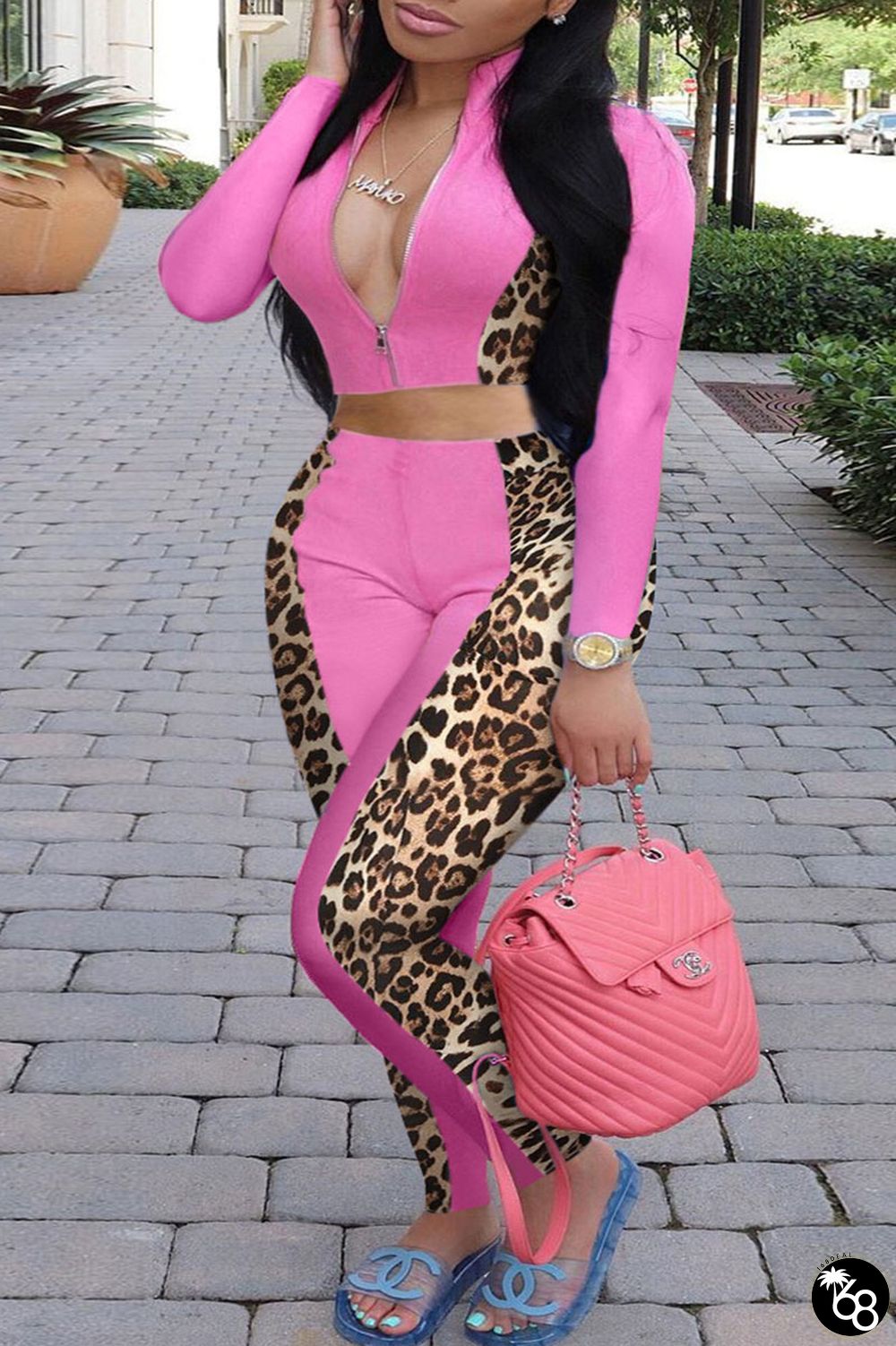 Pink Casual Print Leopard Zipper Zipper Collar Plus Size Two Pieces | 168DEAL