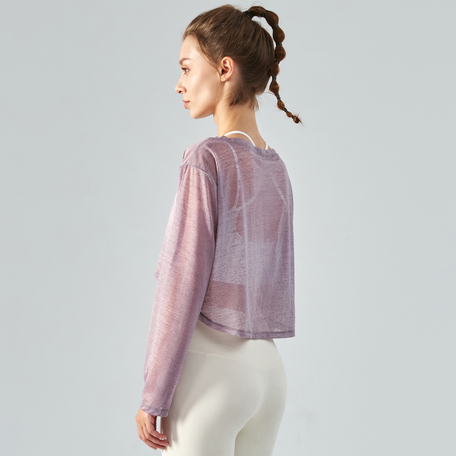 Buy Hergymclothing Pearl Gray women's polyester long sleeve breathable thin lightweight loose workout crop top for summer online